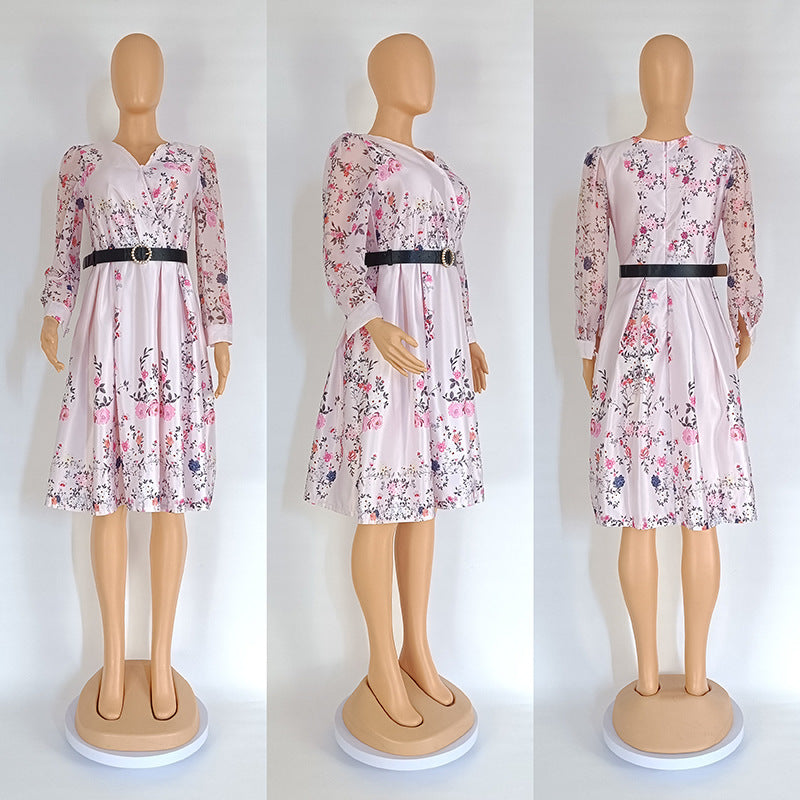 Floral Printed Large Swing V-neck Dress