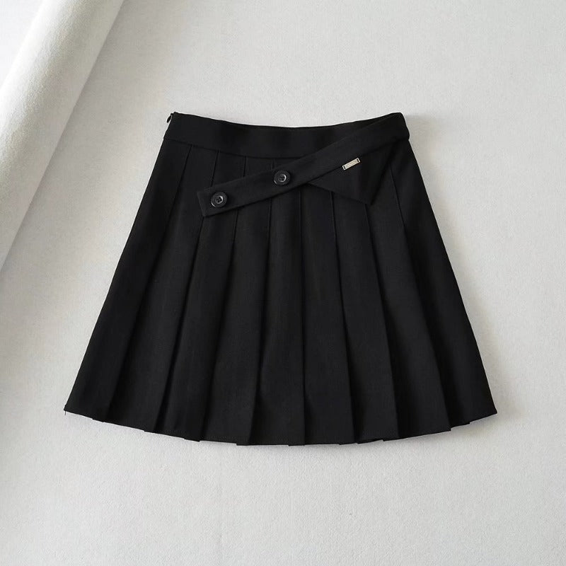 New Summer High Waist Pleated Skirt with Oblique Button