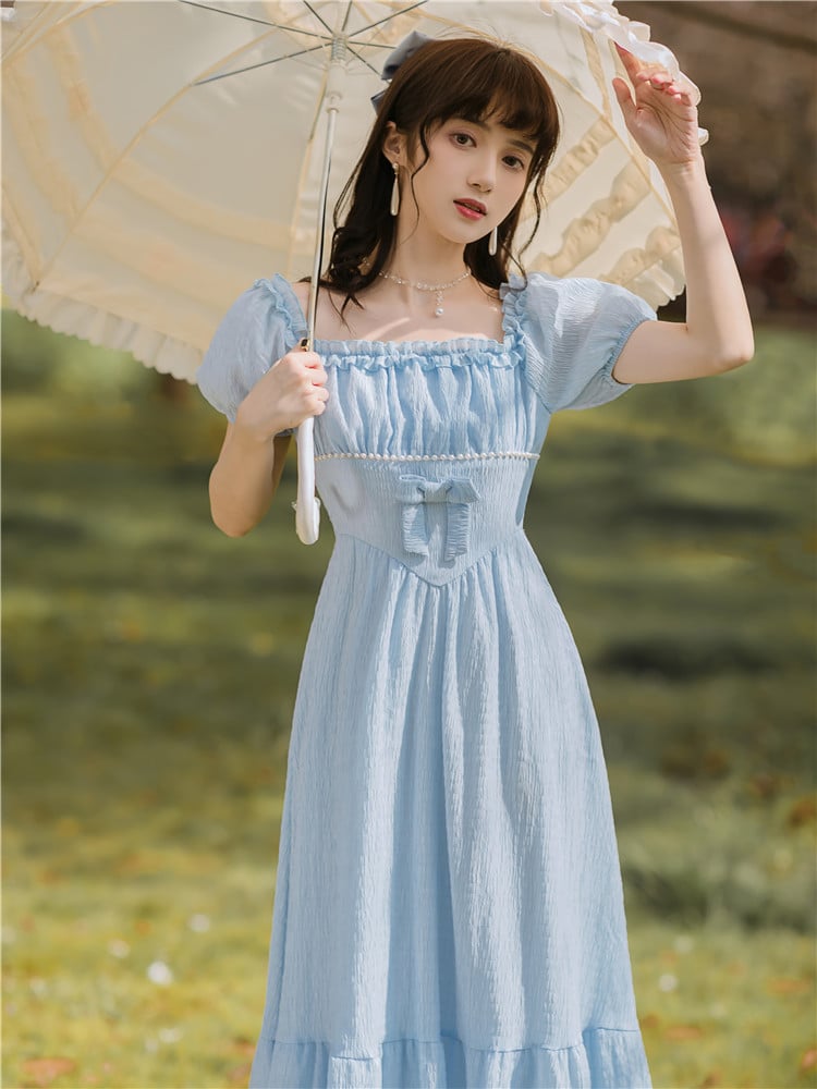 Vintage Puff Sleeve Dress with Beaded High Waist Design
