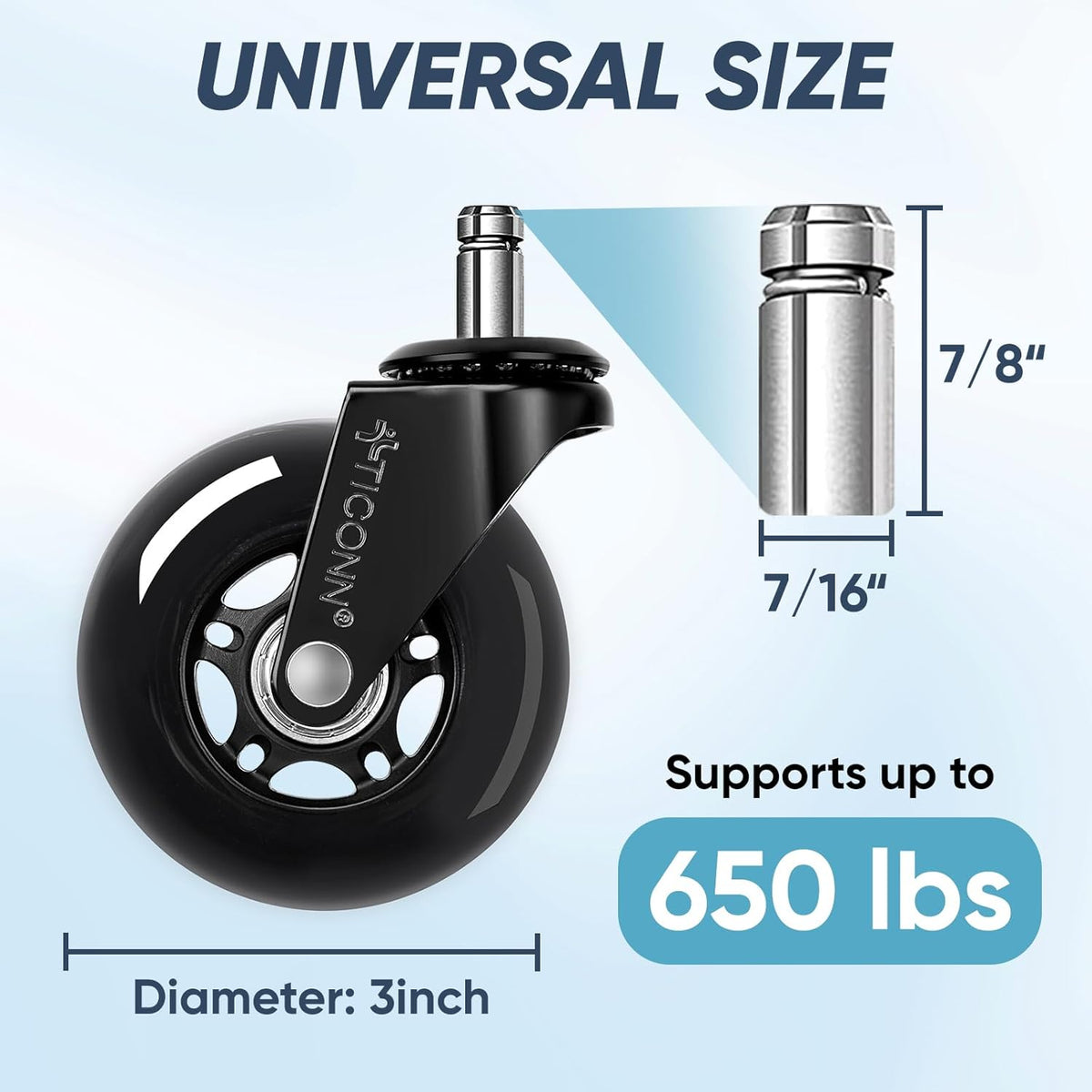 Office Chair Caster Wheels Set of 5 for Tile, Hardwood Floors and Carpets, Universal Fit for Most Chairs (Black)
