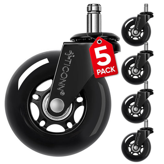 Office Chair Caster Wheels Set of 5 for Tile, Hardwood Floors and Carpets, Universal Fit for Most Chairs (Black)