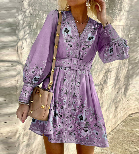 Floral Printed Large Swing V-neck Dress