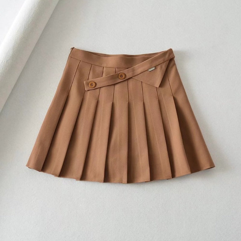 New Summer High Waist Pleated Skirt with Oblique Button