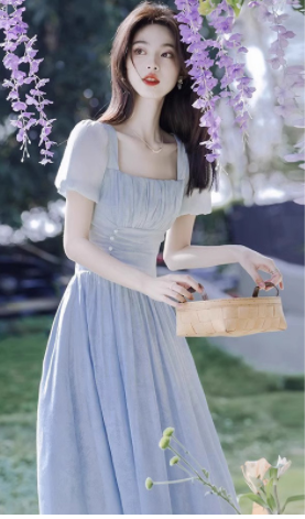 Vintage Puff Sleeve Dress with Beaded High Waist Design