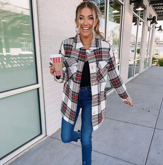 Plaid Long Sleeve Loose Coat for Women
