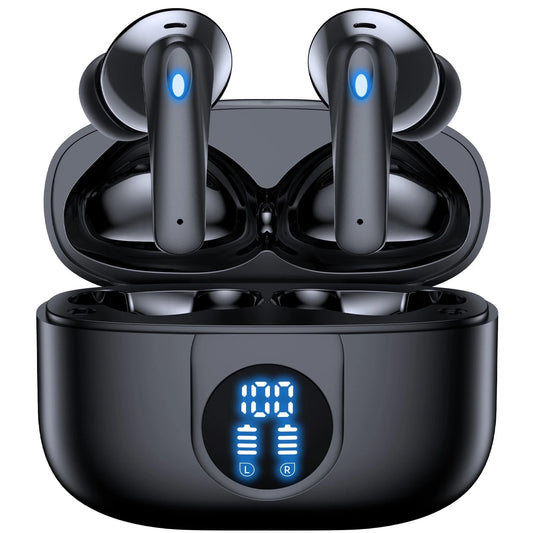 P91 Wireless Earbuds, Bluetooth Headphones V5.4 Stereo Ear Buds with Noise Cancelling Mics, 60H Playback Mini Case with Dual LED Display, IP7 Waterproof In-Ear Earphones for Android Ios