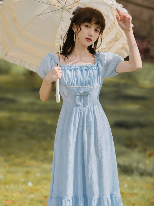 Vintage Puff Sleeve Dress with Beaded High Waist Design
