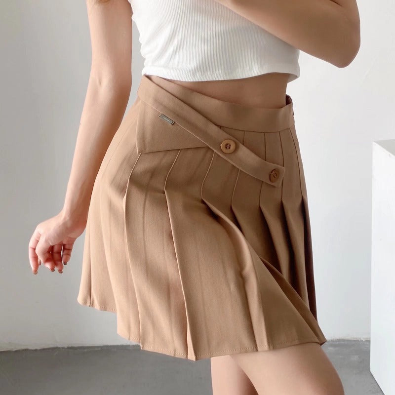 New Summer High Waist Pleated Skirt with Oblique Button